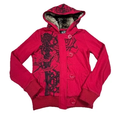 Fox Racing Graphic Hoodie Medium Red Full Zip Button Faux Fur Lined Y2K Ribbed - Image 1 of 4