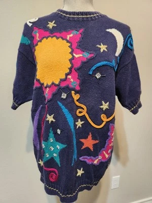复古 80 年代 Galaxy Sun Moon Star 天体刺绣串珠短裤袖毛衣 — 第 1/4 张图片