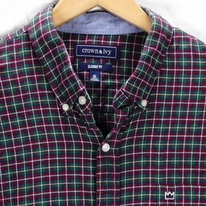 CROWN & IVY LONG SLEEVE FLANNEL SHIRT BLUE GREEN RED PLAID ELBOW PATCH SIZE XL - Picture 1 of 7