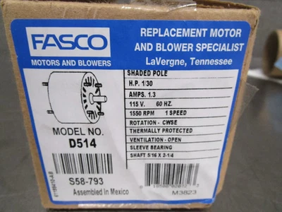 NEW FASCO 1/30 HP OAO FAN AND BLOWER MOTOR 1 PH 115V 3.3 FRAME 1550 RPM D514 - Image 1 of 2