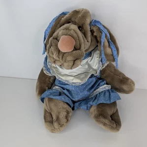Vtg 1981 Ganz Bros Wrinkles the Dog 18" Hand Puppet Plush Blue Dress Girl Bows - Picture 1 of 13