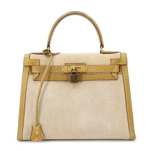 VINTAGE HERMES Kelly 28 Hand Bag Toile H Couchevel Beige Yellow 90259321 - Picture 1 of 11
