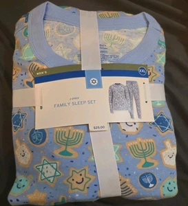New Hanukkah Pajama Set Mens XXL Blue Holiday Sleepwear Dreidel Menorah Print - Picture 1 of 3