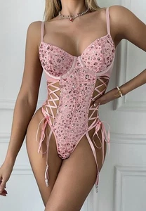 Glamorous Pink Sparkling Sequined Bodysuit With Detailed Lace-Up Sides - Medium - Picture 1 of 7