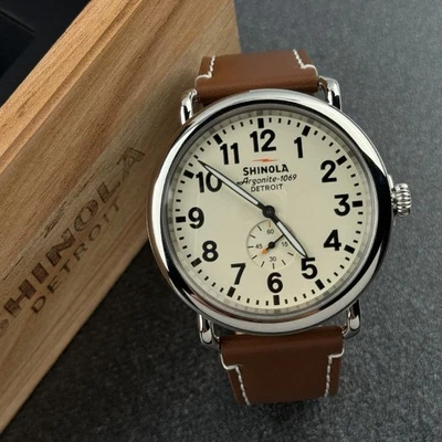Shinola The Runwell 47MM Cream Brown Leather Strap Men's Quartz Watch - Image 1 of 4