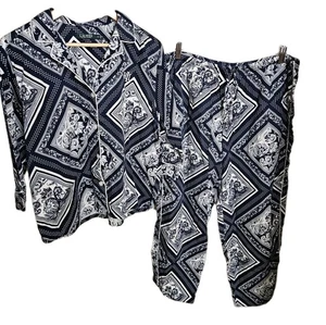 Ralph Lauren RLL 100% Baumwolle Damen XL Pyjama Set Shirt + Hose Paisley Blau - Bild 1 von 14
