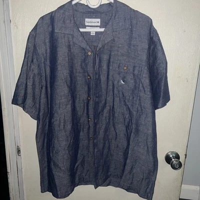Saddlebred Mens Button Front Shirt Size L Classic Fit Linen Short Sleeve Blue - Image 1 of 4