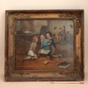 Antikes französisches Schulgemälde Kinder spielen Schüler Klassenzimmer Genre Volkskunst - Bild 1 von 24