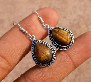 Healing Tiger Eye Gemstone 925 Sterling Silver Plated Handmade Earring Jewelry - Picture 1 of 1