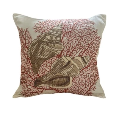Pottery Barn Seashell and Coral Embroidered Pillow Cover - Image 1 of 4