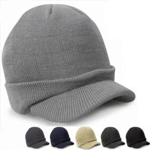 Plain Visor Beanie Hat Ski Winter Skull Knitted Unisex Beanies - Picture 1 of 4