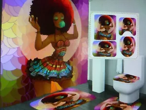 African American Woman Shower Curtain for Bathroom/4 Pcs, Lid Cover & 2 Mats - Picture 1 of 6