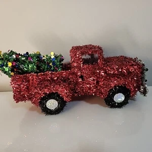 Red Christmas Ford Tinsel Truck with tree & wreath Tabletop Decor - Picture 1 of 15