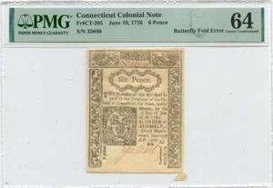 1776 June 19, 6d Connecticut Colonial FR#CT-205 PMG CU64 Butterfly Fold Error - Picture 1 of 2