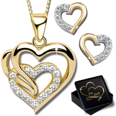 Damen Halskette Herz Ohrringe mit Anhänger 925 Silber Gold für Frauen Schmuckset - Bild 1 von 4