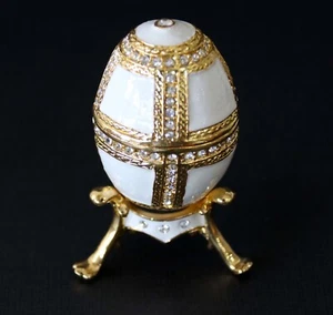 ZANZIBAR Jeweled Russian Style Egg With Stand. White Trinket Box - Picture 1 of 4