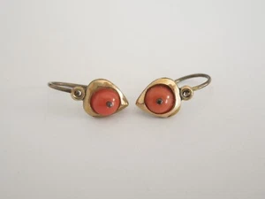 Antique Earrings Coral Heart Gold Plated Baby Kids? 1.0 g/1.4 x 0.6 cm - Picture 1 of 5
