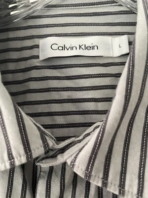 Calvin Klein Mens Size Large Black Gray Striped Business Dress Button Up Shirt - Image 1 of 4