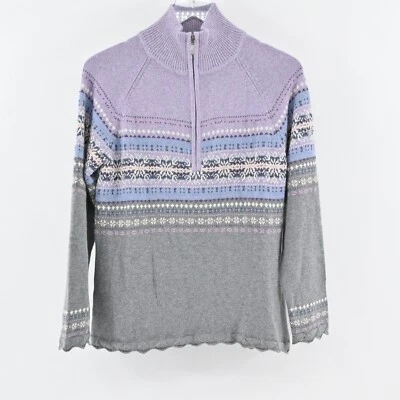 EDDIE BAUER Sweater Womens Size M Purple Fair Isle Beaded Cotton Angora Half Zip - Image 1 of 4