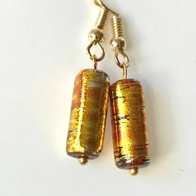 Pendientes de cristal de Murano ámbar naranja con cuentas pintadas a mano redondas chapadas en oro Foto 1 de 4