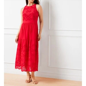 Talbots Halter Maxi Dress Voile Netting Red Eyelet Embroidered Sleeveless Size 8 - Picture 1 of 7