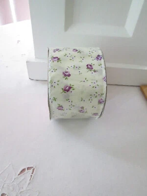 Wired Edge Satin Ribon Cream w/Purple Roses & Grn Leaves, 2.5" W x 20 Feet, New - Image 1 of 4