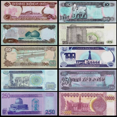 Iraqi 5 10 25 50 100 250 10000 Dinars (11 Pcs Saddam Era Set), 1986-2002 Unc BN - Image 1 of 4