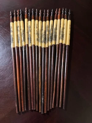Vintage Asian Dragon Chopsticks Set of 10 Pairs – Wood & Bone Inlay 9” - Image 1 of 4