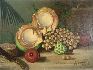 Vintage Original Oil Painting Still Life Fruit Knife Coconut 9 X 12" Signed 1971 - Picture 1 of 12