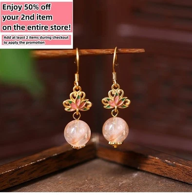 Natural Pink Crystal Drop Earrings Gemstone Dangle 18K Gold Plated Boho Chic - Image 1 of 4