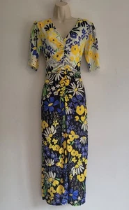Oasis Tea Dress Size M UK 12 14 Black Yellow Purple Floral SS Summer Holiday - Picture 1 of 15