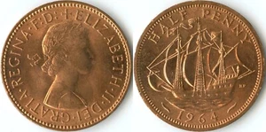 United Kingdom 1964 1/2 Half Penny KM#896 Bronze Queen Elizabeth II Barque Ship - Picture 1 of 3