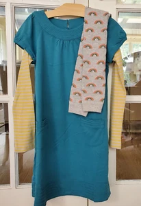 Mini Boden Hotchpotch Dress Turquoise Yellow Stripe Rainbow Tights 7 8Y (27126A) - Picture 1 of 10