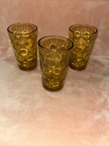 Vintage Amber Glass Set Of 3 Tumbler Juice Gold Thumbprint Dot MCM - Picture 1 of 5