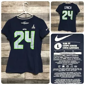 Nike Slim Fit Marshawn Lynch Seattle Seahawks T Shirt Women’s L Blue Superbowl - Picture 1 of 7