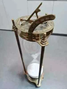 Vintage Maritime Brass Sand Timer Hourglass with Sundial Compass on Top - Picture 1 of 6