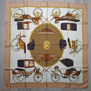 Hermes Scarf 90 Les Voitures a Transformation Biege 100% Silk Scarf 35inch - Picture 1 of 7