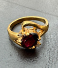 REGAL JEWELLERY GOLD RING WITH RED GARNET & 2 CUBIC ZIRCONICA STONES 18 mm dia