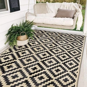 Reversible Outdoor Rug 5x8 Black Beige Patio RV Camping Mat Plastic Straw - Picture 1 of 7