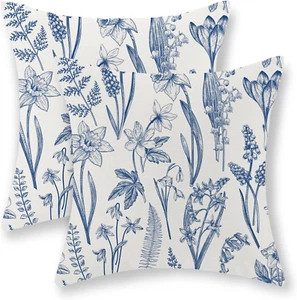 Navy Blue Flower Pillow Covers 18X18 Inch Set of 2, Summer Spring Throw Pillows  - Picture 1 of 12