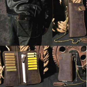 Bifold Wallet Men Long Biker Leder Rindsleder Sicherheitskette Geldbörse - Picture 1 of 11