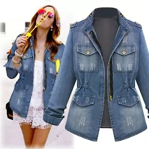 Women Classic Denim Jacket Zipper Waist Distressed Casual Autumn Coat Winter Top - Bild 1 von 11