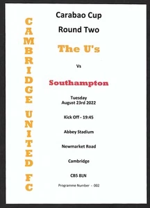 CAMBRIDGE UNITED v SOUTHAMPTON 23.08.22 CARABAO CUP 2nd ROUND PROGRAMME - Picture 1 of 3