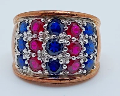 Ladies Gold Plated Sterling Silver  Red & Blue Gemstone & CZ Cigar Band  Sz 5.5 - Image 1 of 4