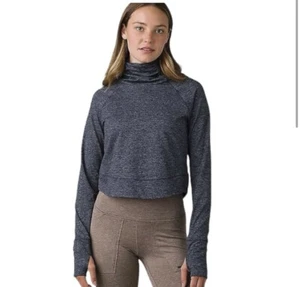 Prana Zandra Cropped Long Sleeve Funnel Neck Pullover Heathered Navy Blue XL - Picture 1 of 8