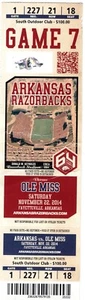 Arkansas Razorbacks SEC Football Ticket Stub Ole Miss 2014 Razorback Stadium - Bild 1 von 2
