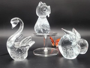 Owl Swan Rabbit Art Glass Paperweights, Controlled Bubble Set of 3 - Picture 1 of 12