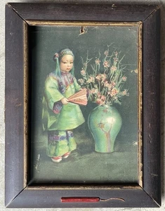 Antikes Original Gemälde von Esther Hunt Chinesisches Kind mit Flammenvase Asiatische Kunst - Bild 1 von 7