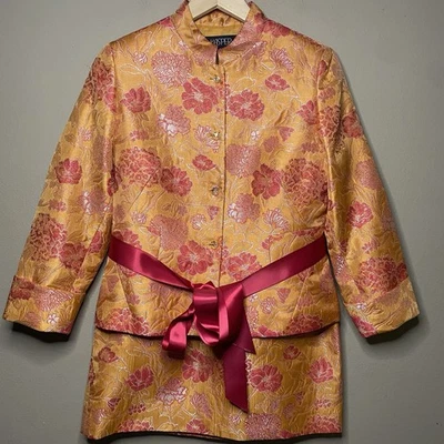 Conjunto de Traje Falda Kasper 8P Dorado Rosa Floral Forrado Corbatas en la Cintura Boda Iglesia Foto 1 de 4