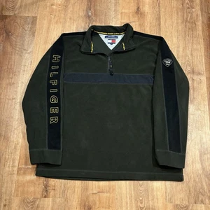 Vintage Tommy Hilfiger Fleece Jacket Mens XL 1/4 Zip 90s Green Sweatshirt Flag - Picture 1 of 6